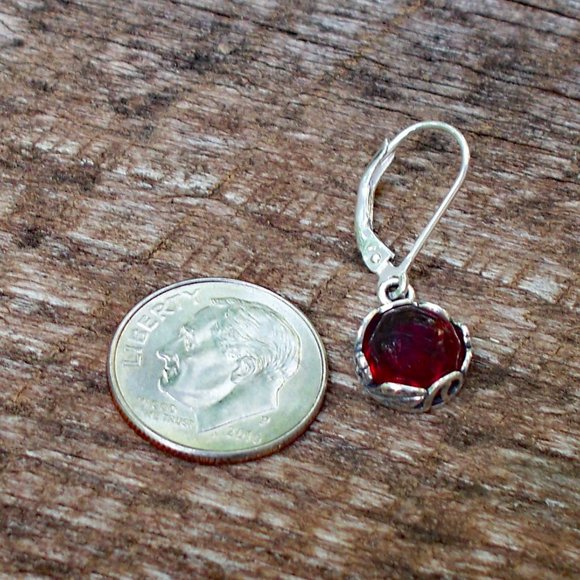 Recycled Vintage 1940's Ruby Beer Bottle Sterling Botanical Lever back Earrings - Picture 4 of 4